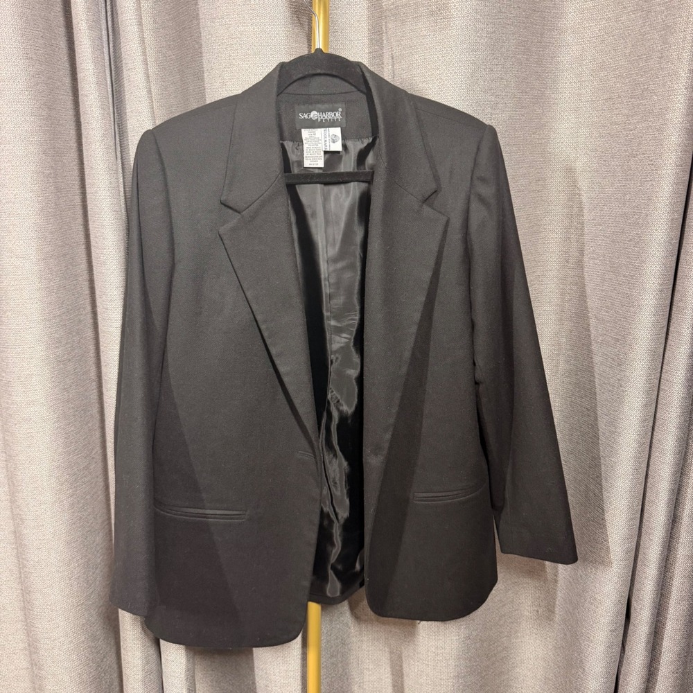 Sag Harbor Petite Black 100% Wool Blazer Single Button Jacket Size 12